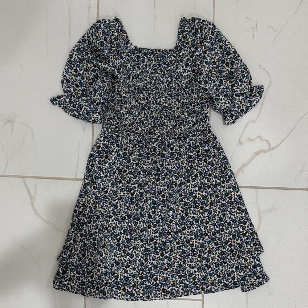 Smocked Puff-Sleeve Floral Kids Dress - Navy/White Copper Key